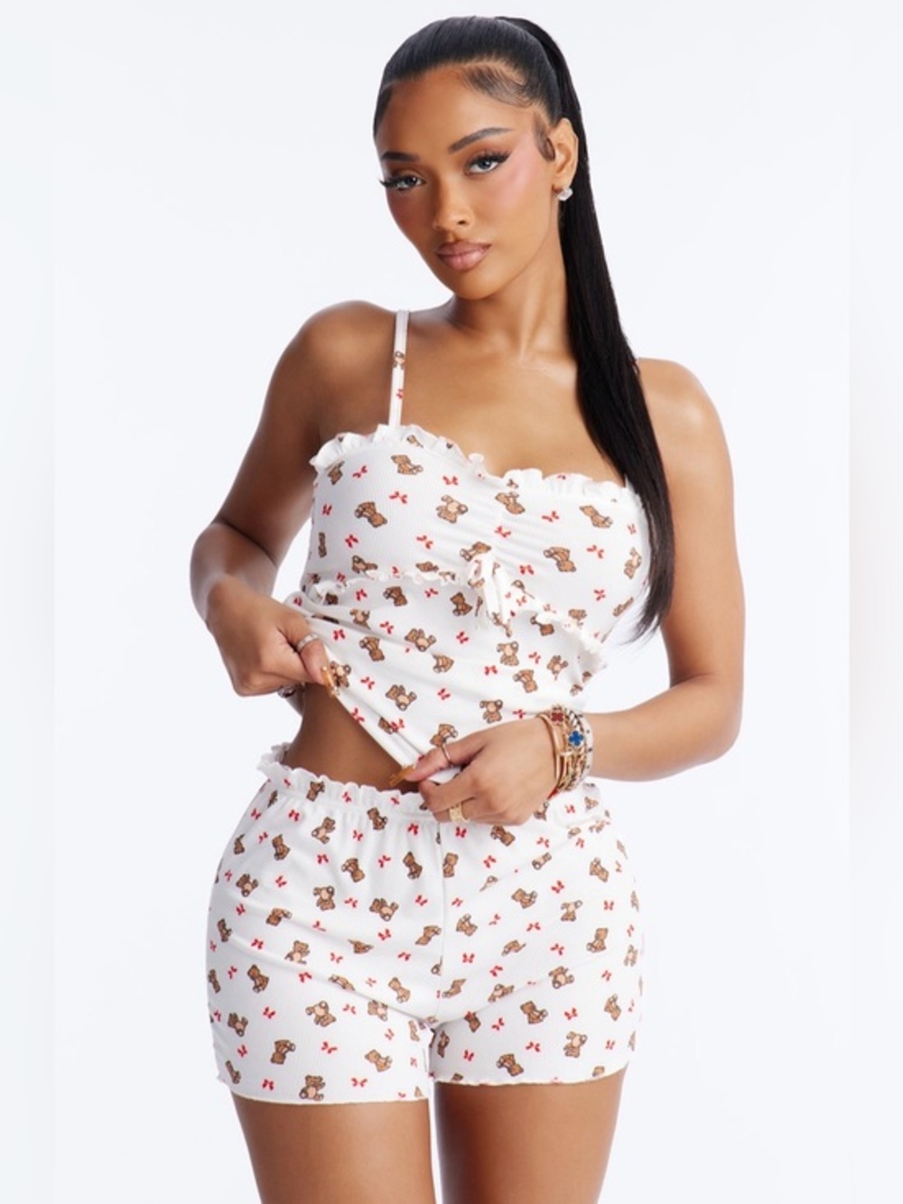 ✨ White Teddy Print shorts Pajama Set - Cute Two-Piece Sleepwear